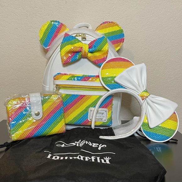 Loungefly Handbags - Loungefly DisneySequin Rainbow MiniBackpack, Wallet, and Ears